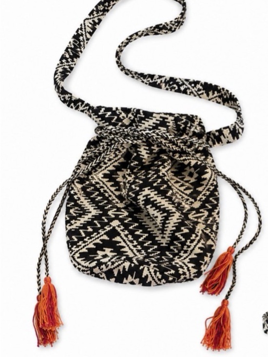 Handbags - Boho Geometric Black & Cream Woven Drawstring Crossbody Bag with Orange Tassels